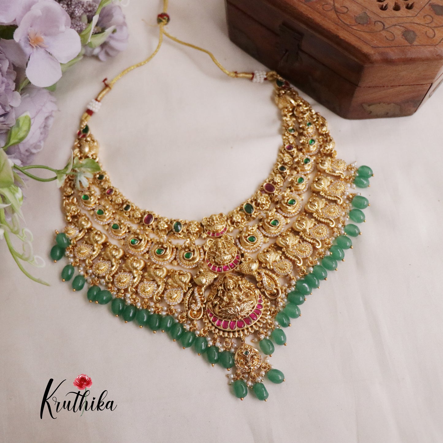 Premium Bridal Three Layer Temple Lakshmi and Peacock Jadau Necklace NC2212 (Available in 2 Colours)