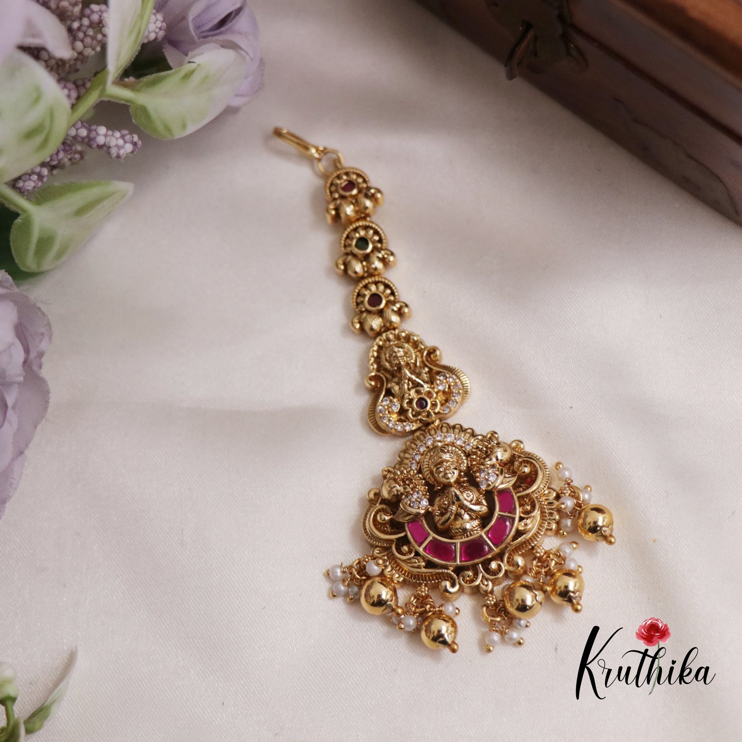 Stunning Jadau Antique Lakshmi Maang Tikka With Pearl Drops MT294 (Available In 2 Colours)