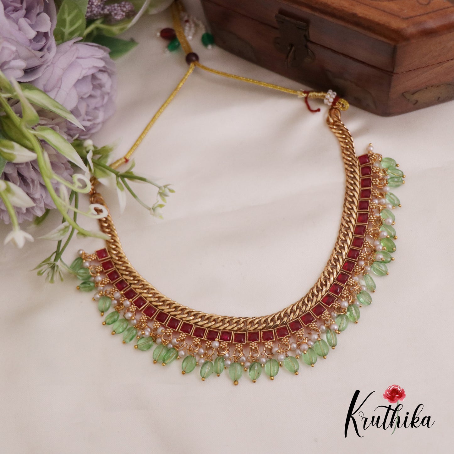 Trendy Jalebi Style Kemp Chocker with Paste Beads Drops NC2322
