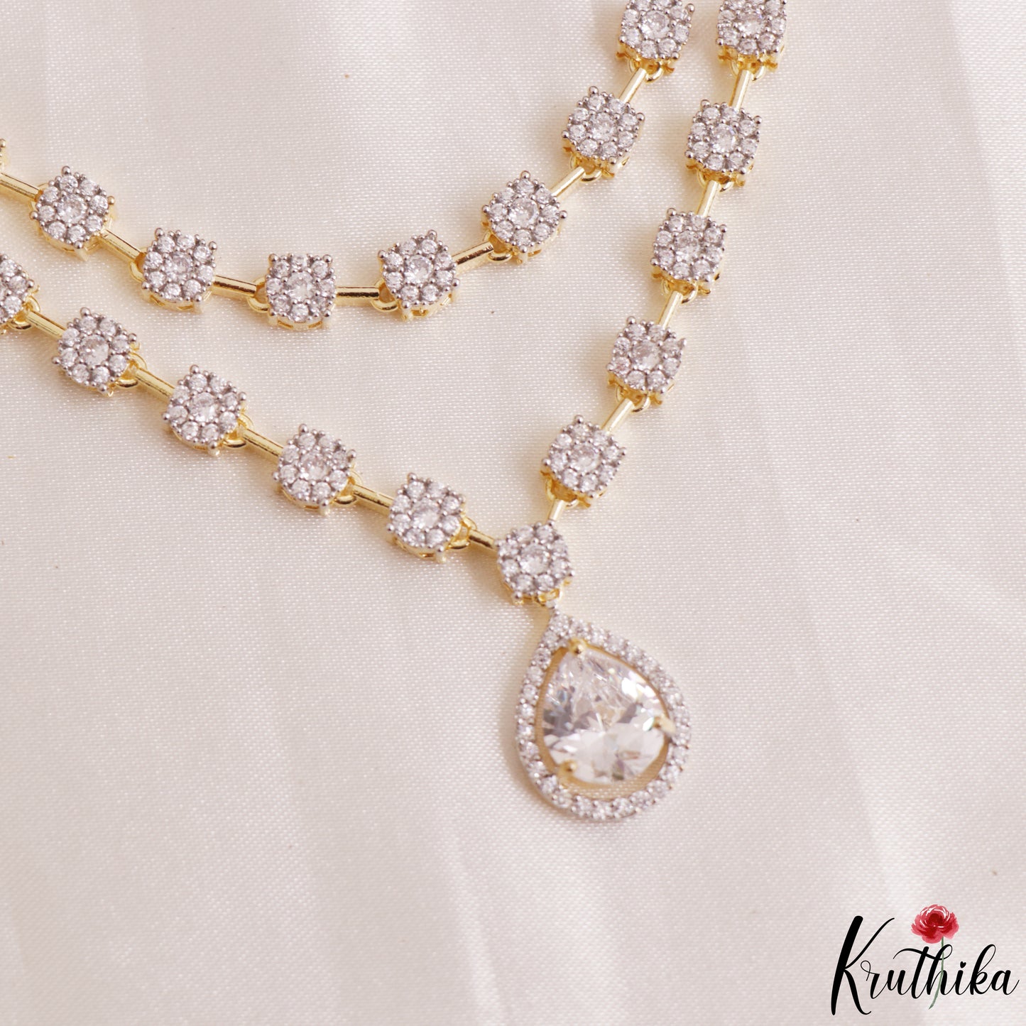 Stunning Floral Teardrop Motifs CZ Victorian Necklace NC3156 (Available In 2 Colors)