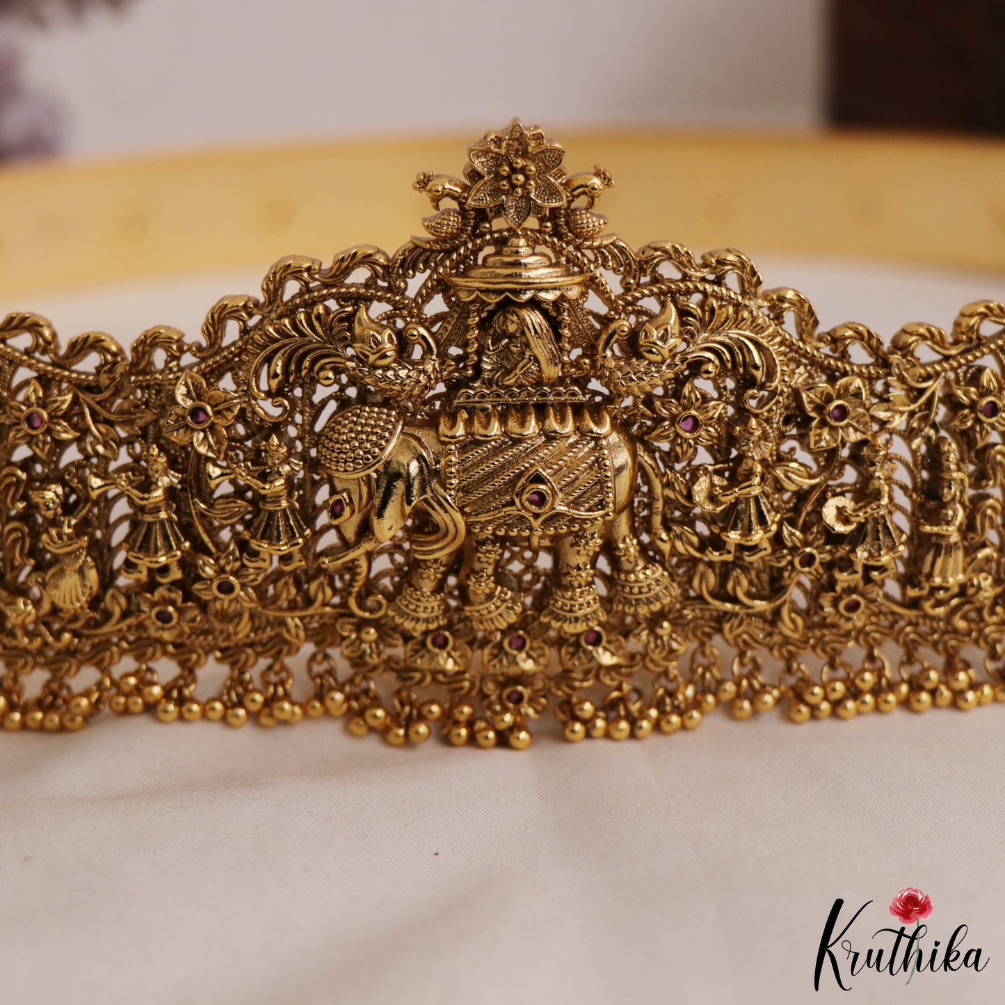 Gorgeous Bridal Antique Traditional Elephant Pallakku Motif Hip Belt with Golden Beads V258 (Available In 2 Colors)
