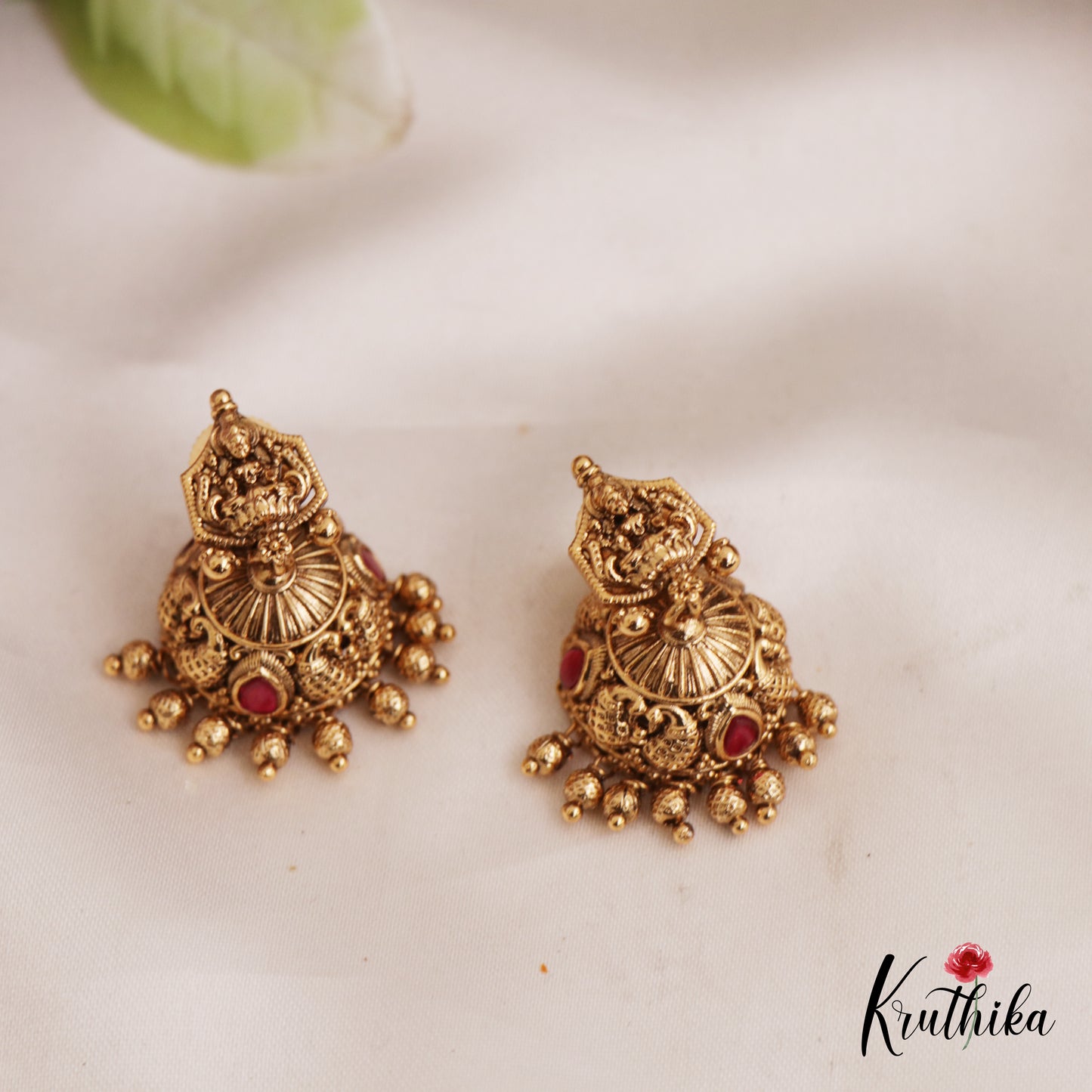 Traditional Antique Lakshmi Motifs Jhumka With Bead Drops E966 (Available In 4 Colors)