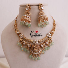 Beautiful Lakshmi Elephants Victorian Necklace-Pastel Green Beads NC1500