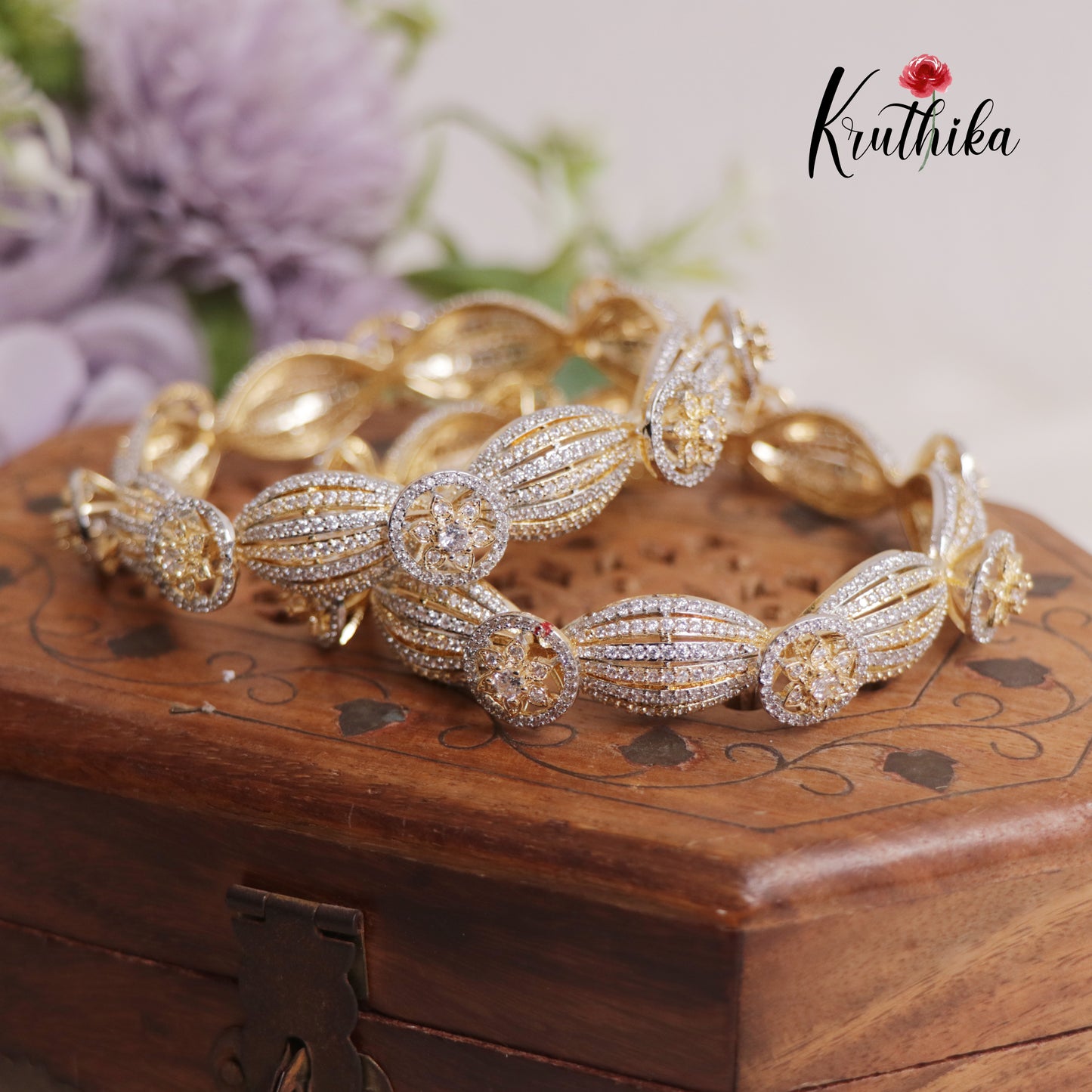 Stunning CZ Floral Gold Finish Bangles B332 (Set Of 2 Bangles)