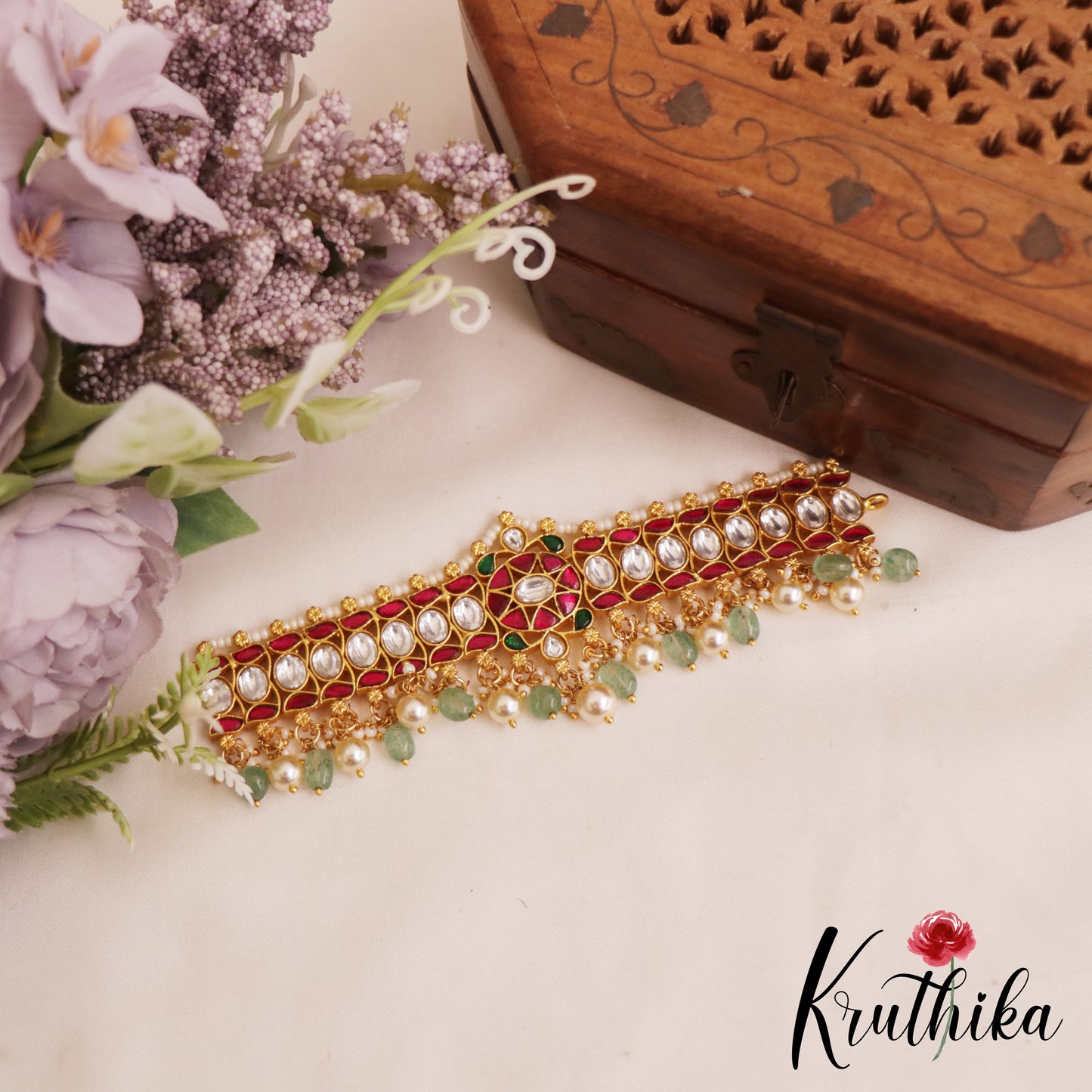Beautiful Geometric Motifs Kemp Choker With Green Bead Drops NC2849