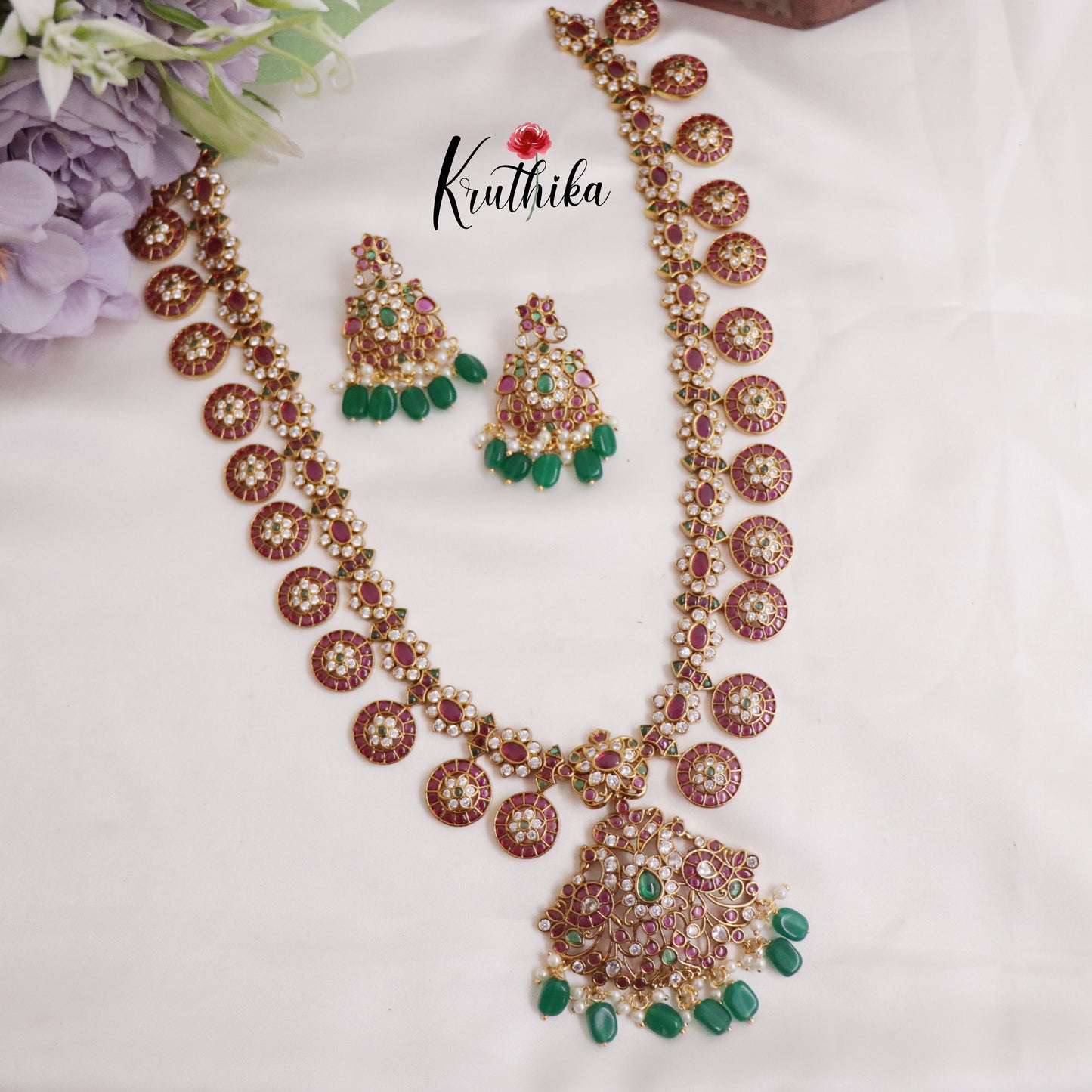Classic Kemp Kasu Haaram with Detachable Pendant with Green Beads Drops LH1952