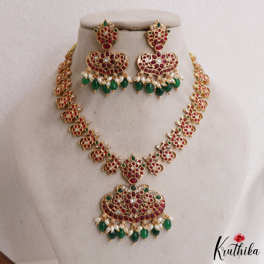 Premium Floral Motifs Jadau Necklace With Green Bead Drops NC2978