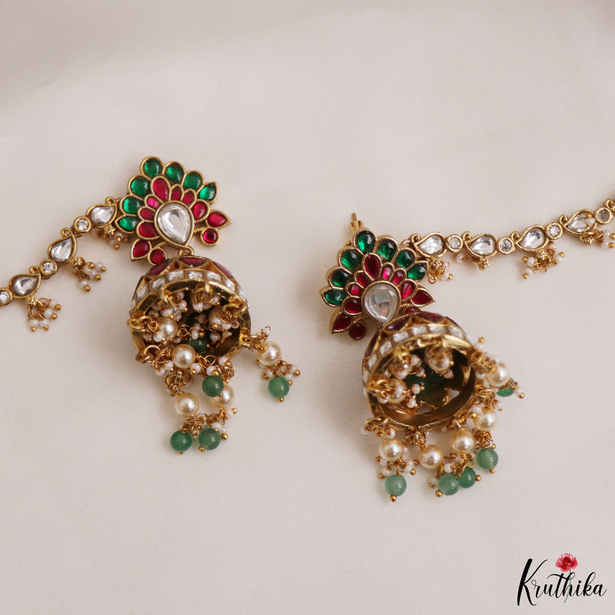 Royal Pastel beads Jadau Jhumkas with attached Jadau Earchains E1239