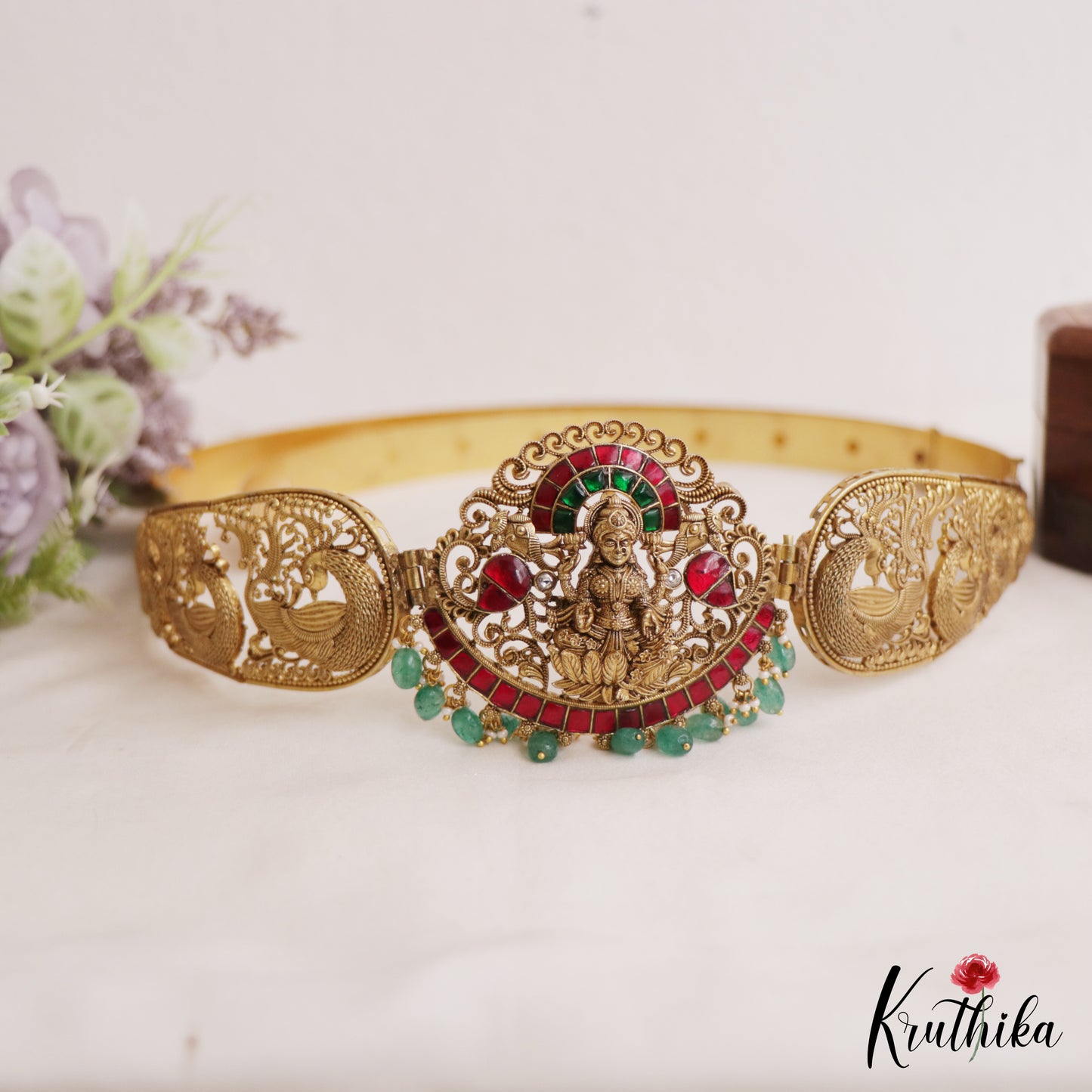 Grand Antique Nagas Lakshmi Peacock Motifs Kemp Hip Belt With Green Bead Drops V357