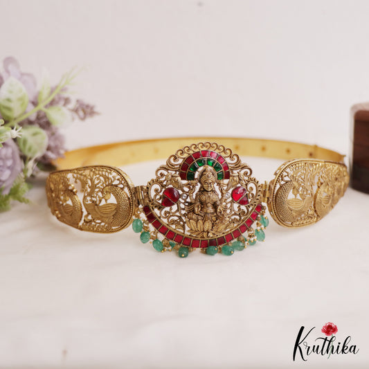 Grand Antique Nagas Lakshmi Peacock Motifs Kemp Hip Belt With Green Bead Drops V357