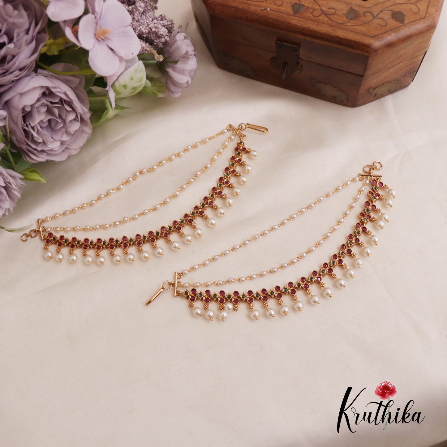 Classic Kemp Floral Pearl Drop With Multi Strand Earchains EC182