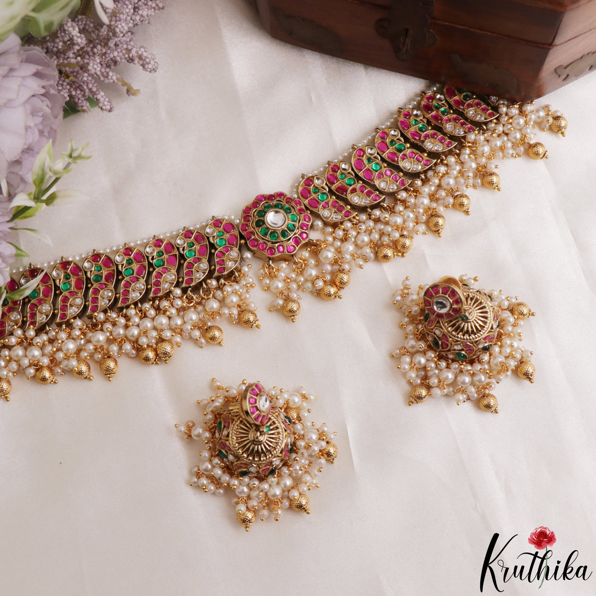 Classic Antique Jadau Peacock Chocker with Bead Drops NC2375 (Available In 2 Colors)