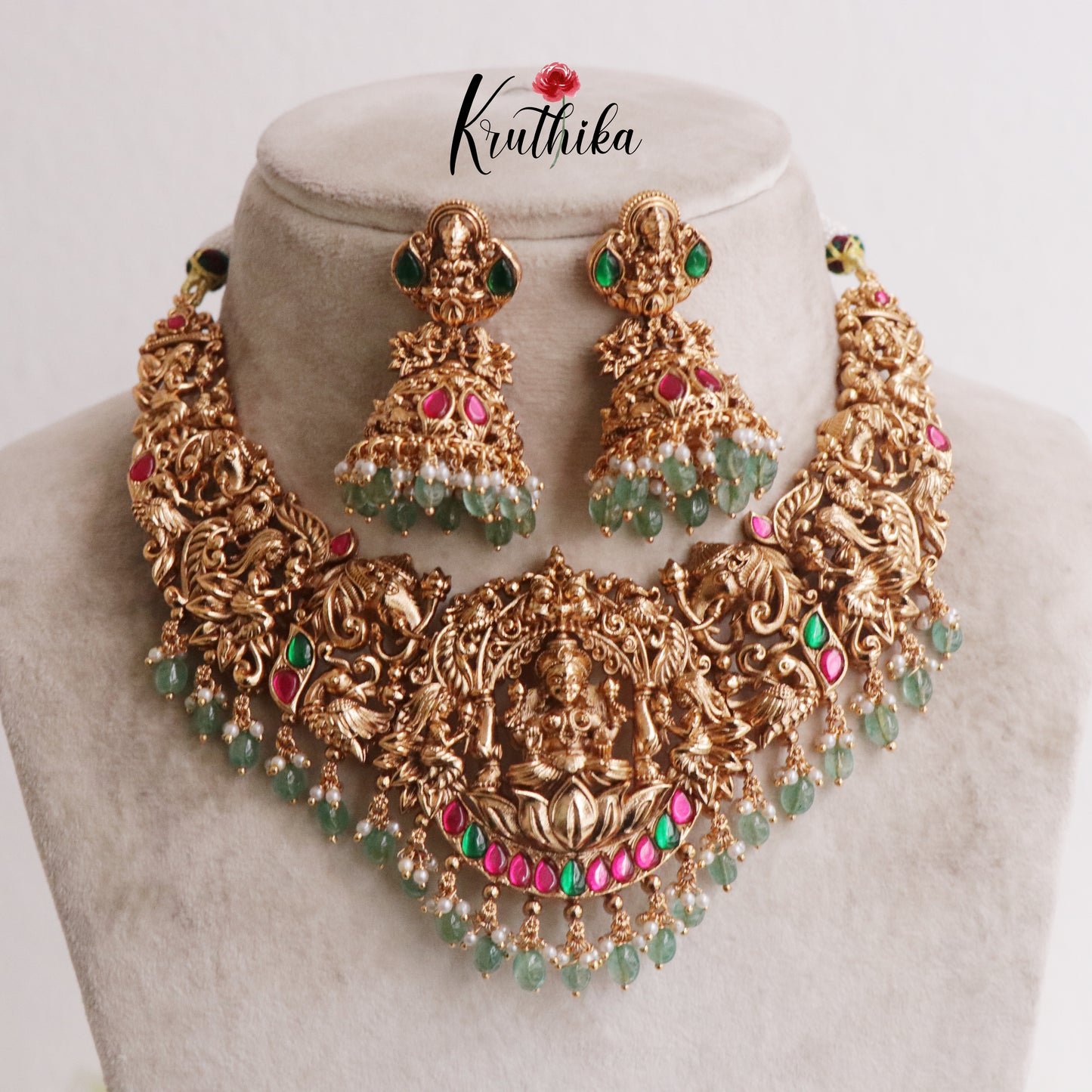 Premium Antique Gold A like Kundan Jadau Temple Necklace NC2012