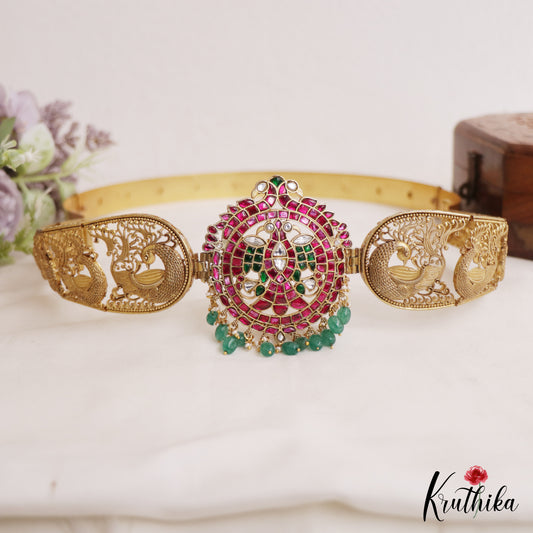 Stunning Antique Nagas Peacock Motifs Jadau Hip Belt With Green Bead Drops V359