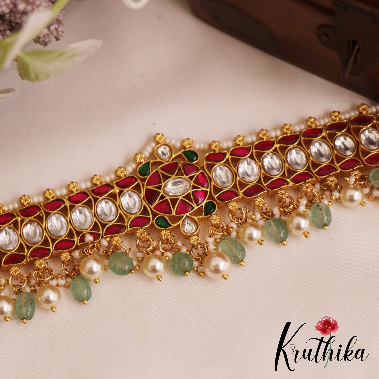Beautiful Geometric Motifs Kemp Choker With Green Bead Drops NC2849