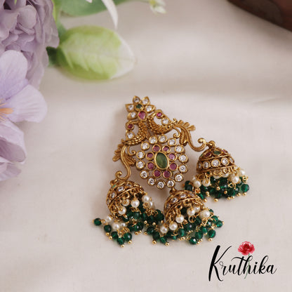 Gorgeous Floral Peacock Motis Jhumka Jada Billa With Pearl And Bead Drops J290 (Available In 2 Colors)