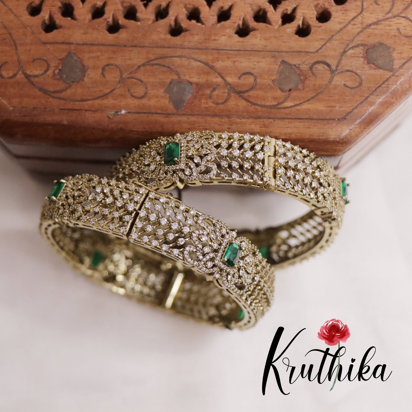 Classic CZ Floral Kada Bangles B292 (Available in 2 Colours) (Set of 2 Bangles)