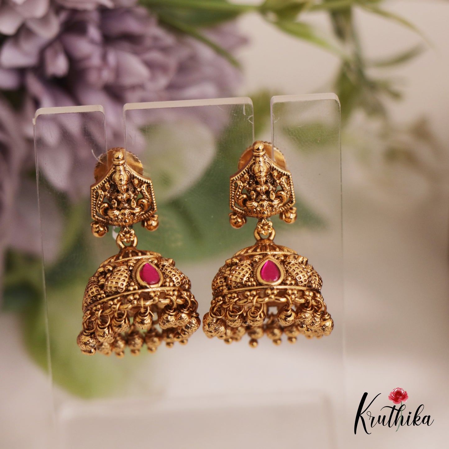 Traditional Antique Lakshmi Motifs Jhumka With Bead Drops E966 (Available In 4 Colors)