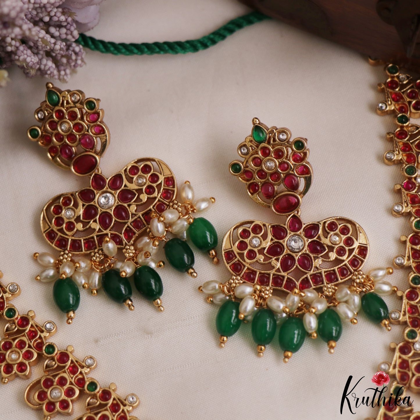 Premium Floral Motifs Jadau Necklace With Green Bead Drops NC2978