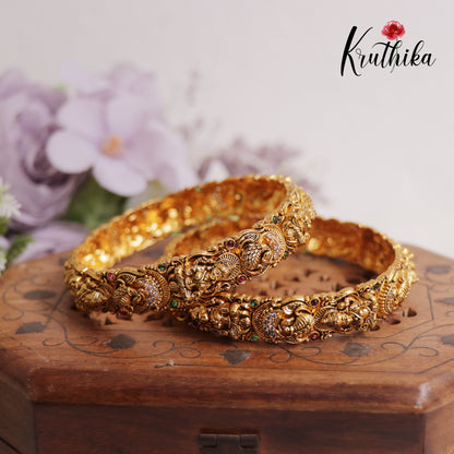 Premium Gold replica Temple Lakshmi peacock AD bangles (set of 2) B328