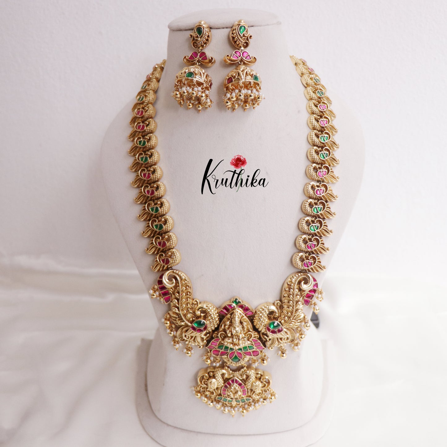 Elegant Jadau Lakshmi Peacock Haaram with Golden Beads Drops LH1977