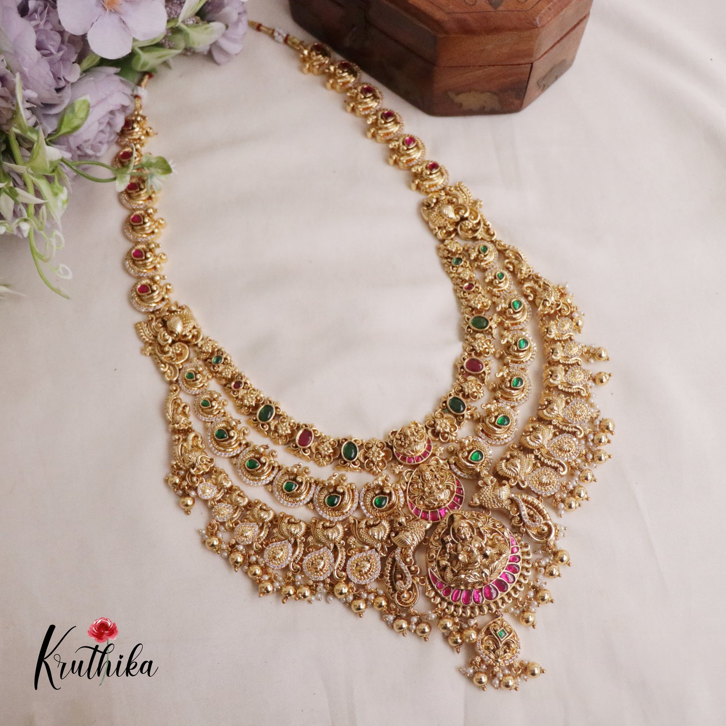 Premium Bridal Three Layer Temple Lakshmi and Peacock Jadau Haaram LH1941