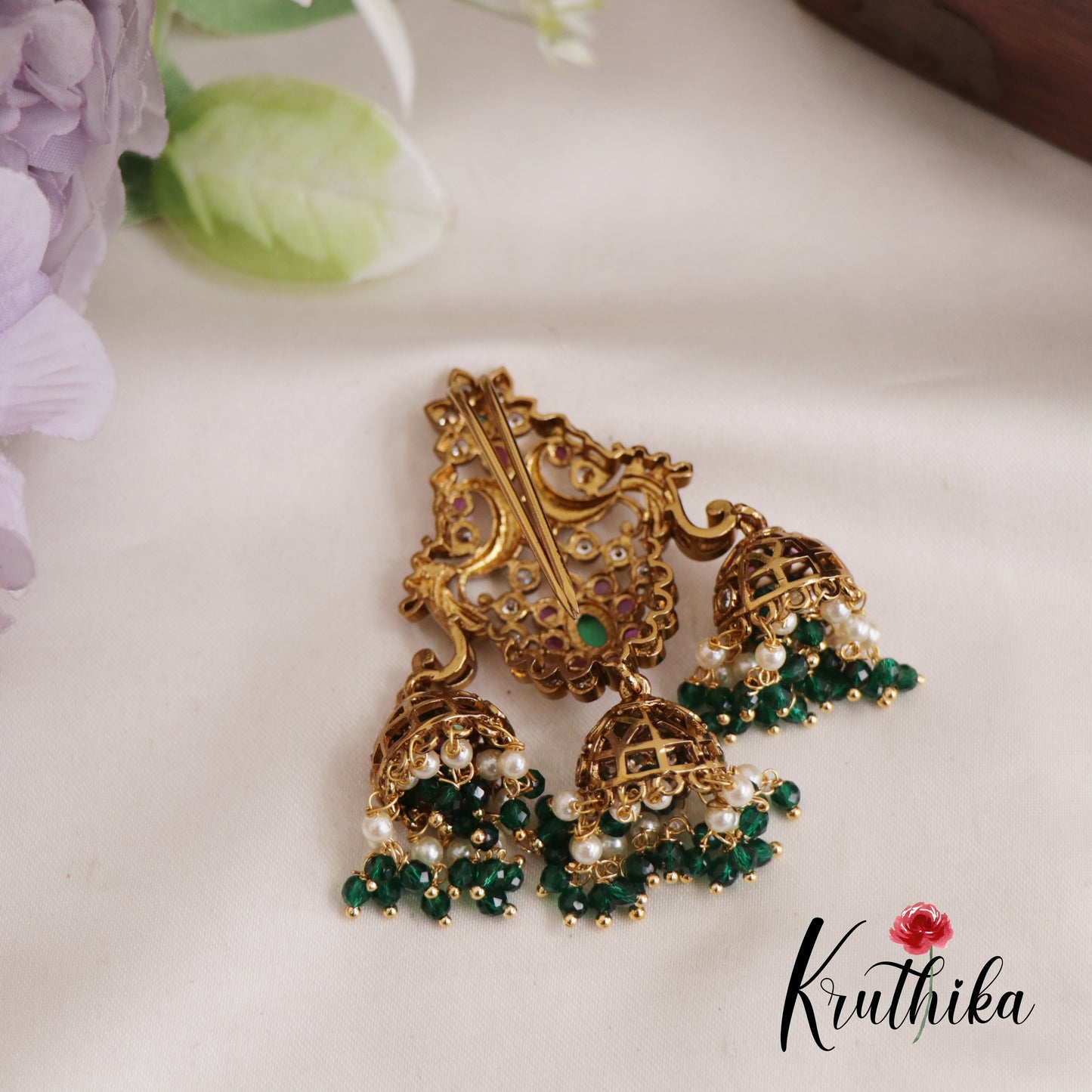 Gorgeous Floral Peacock Motis Jhumka Jada Billa With Pearl And Bead Drops J290 (Available In 2 Colors)