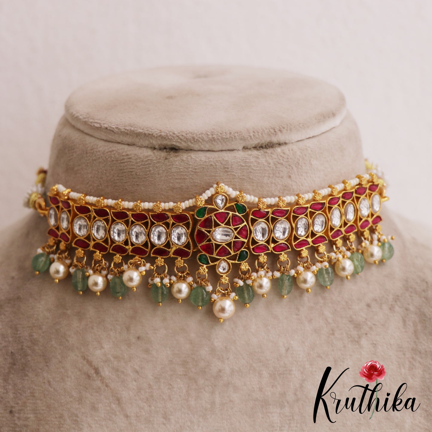 Beautiful Geometric Motifs Kemp Choker With Green Bead Drops NC2849