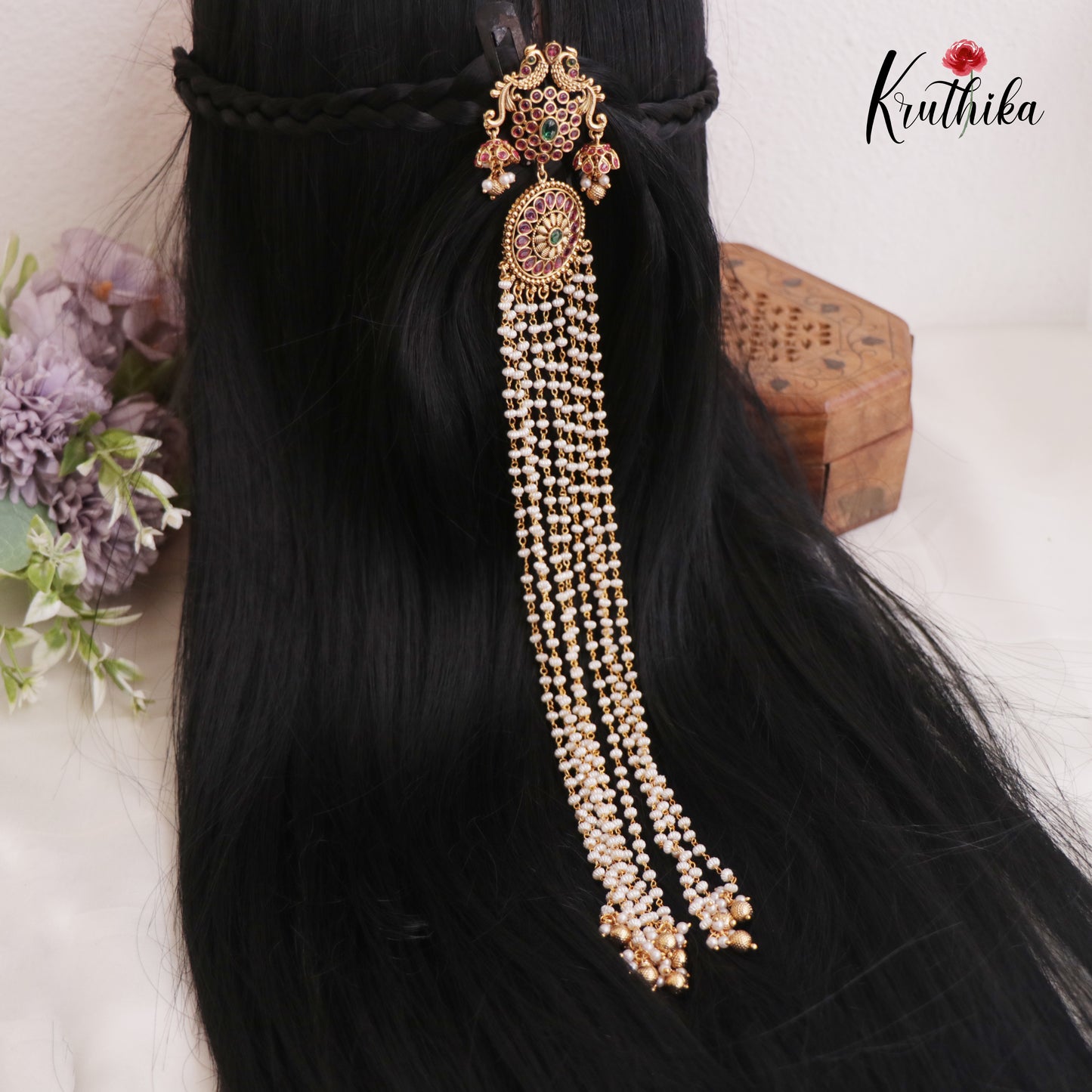Gorgeous Peacock Floral Motifs Multi Pearl Strand Jada Billa With Golden Bead Drops J362