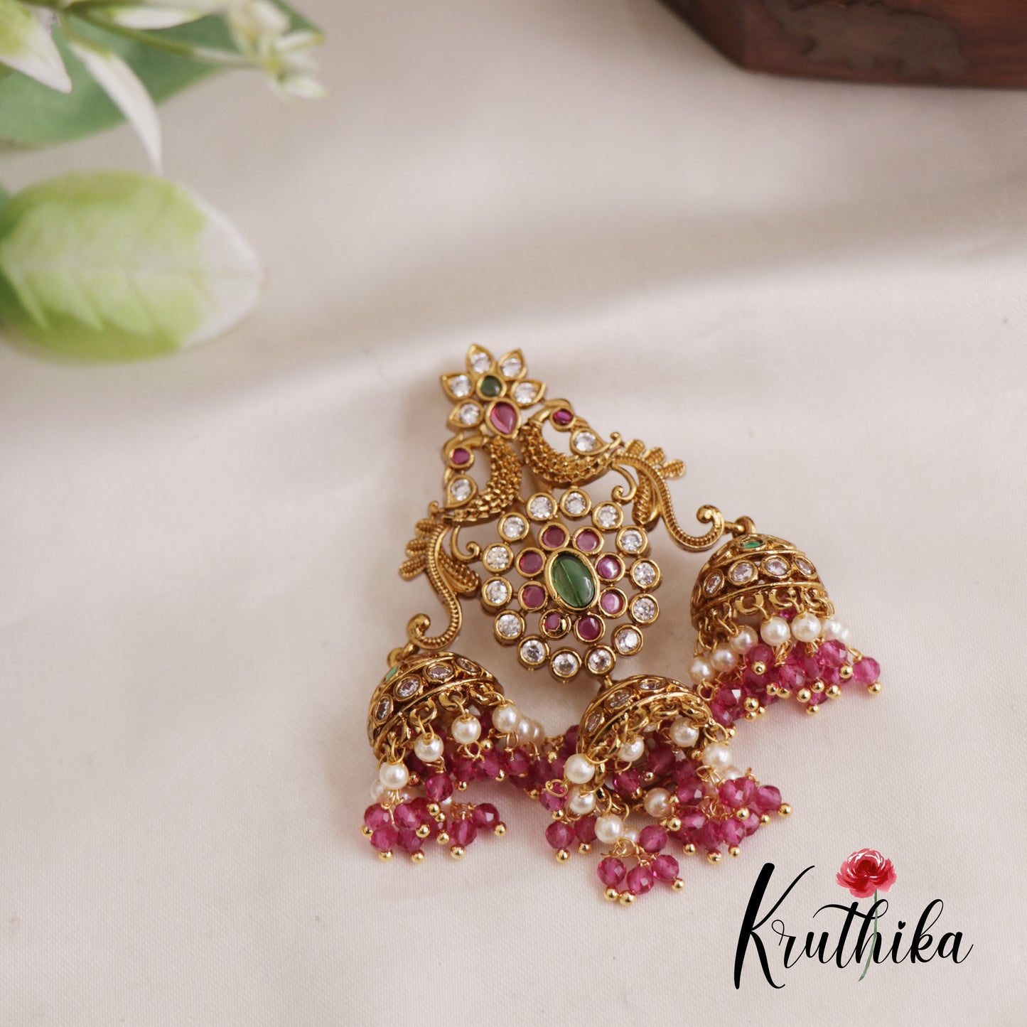 Gorgeous Floral Peacock Motis Jhumka Jada Billa With Pearl And Bead Drops J290 (Available In 2 Colors)