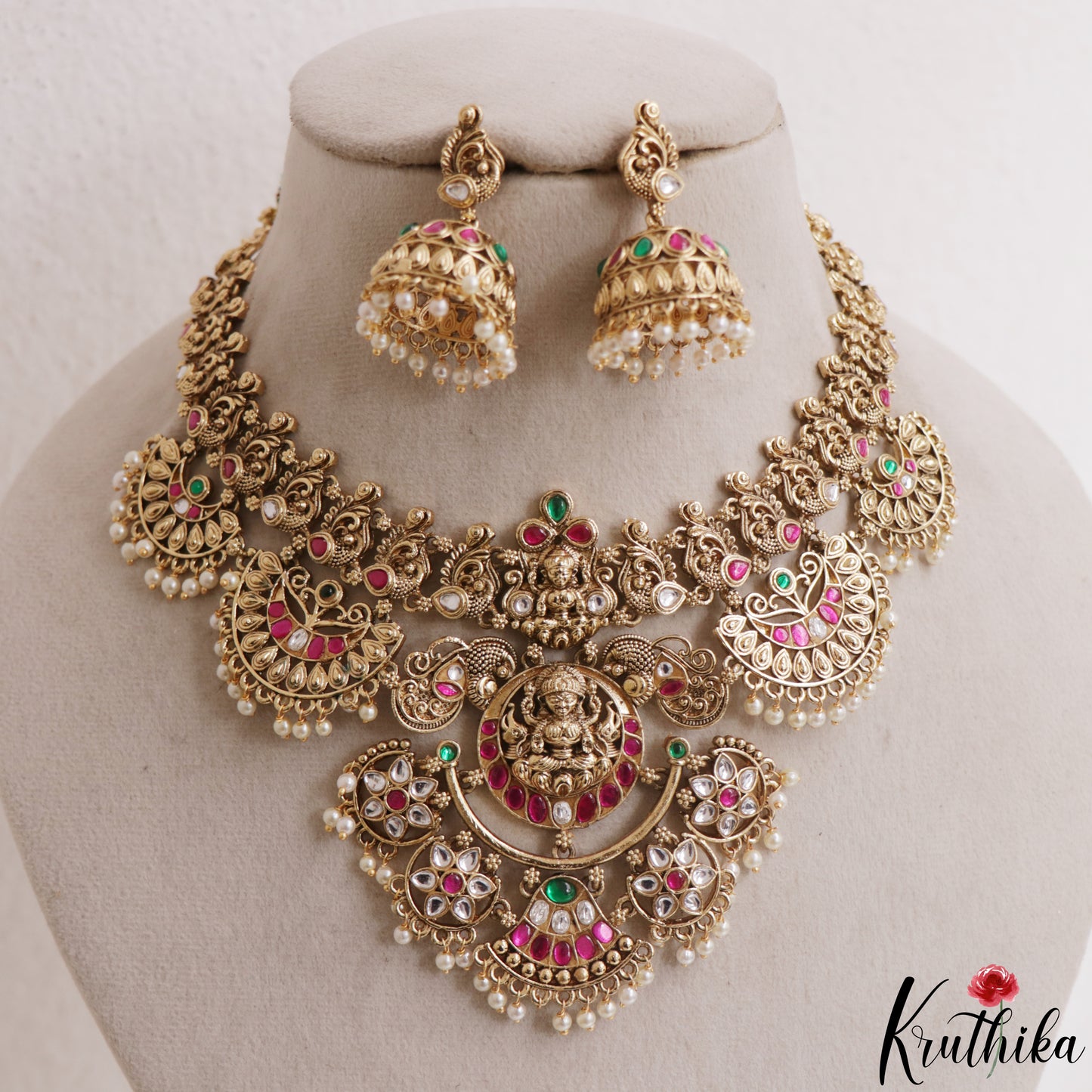 Premium Antique Nagas Lakshmi Peacock Motifs Jadau Necklace With Pearl Drops NC3142