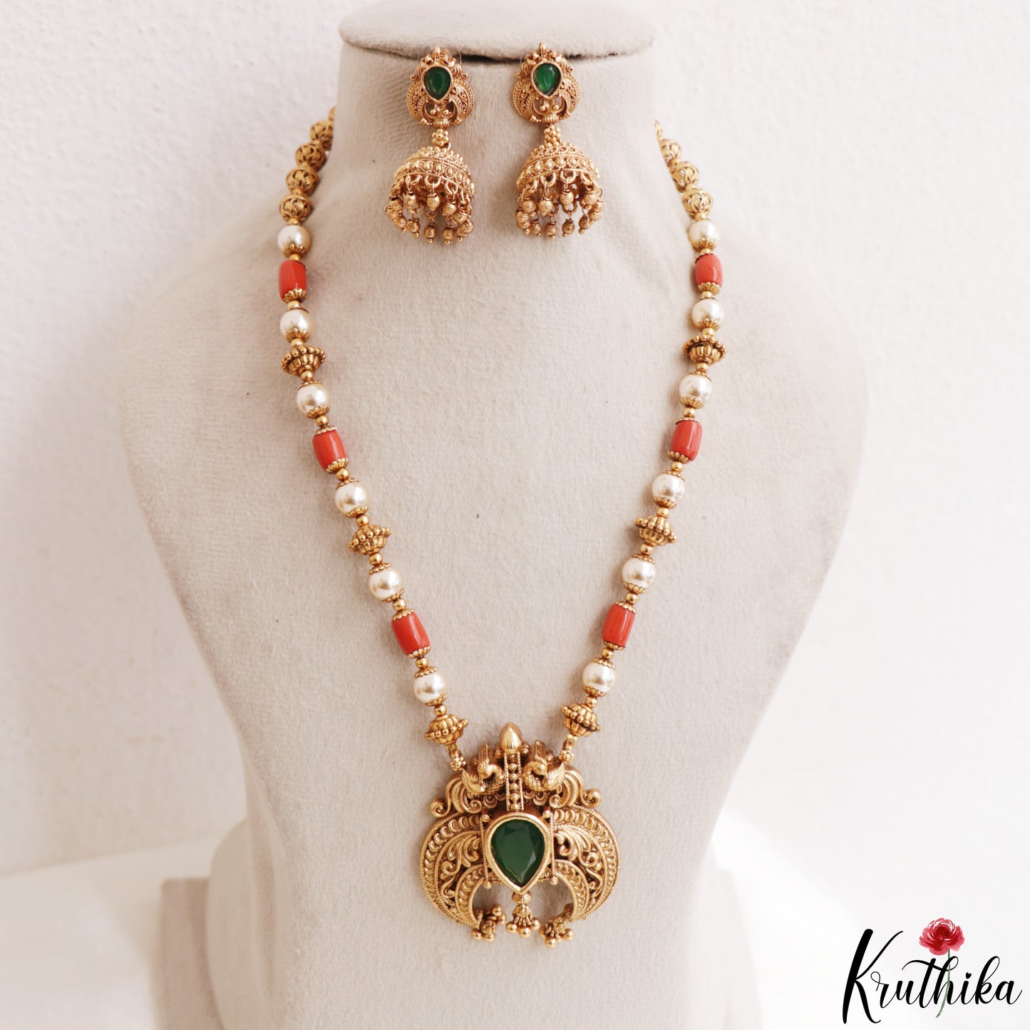 Trendy Antique Peacock Teardrop Motifs Coral Pearl Mala NC3231 (Available In 2 Colors)