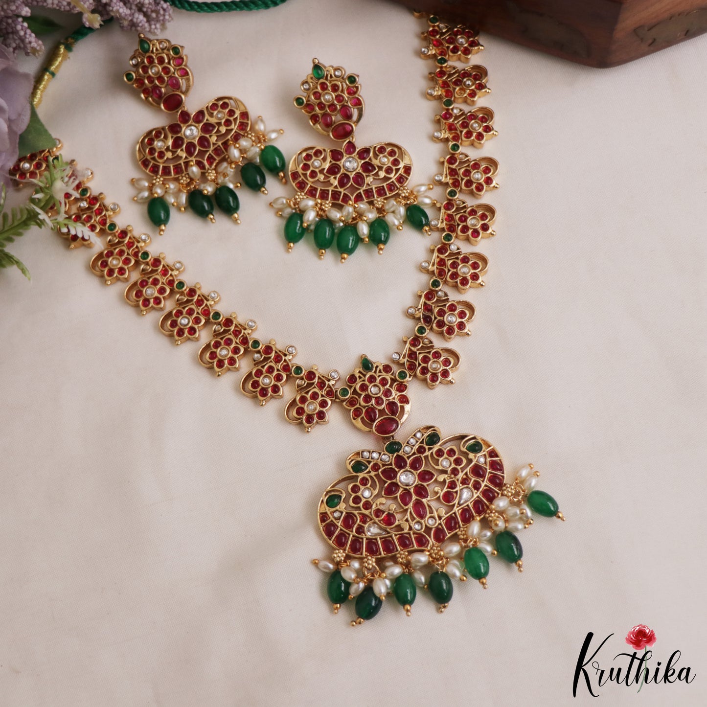 Premium Floral Motifs Jadau Necklace With Green Bead Drops NC2978