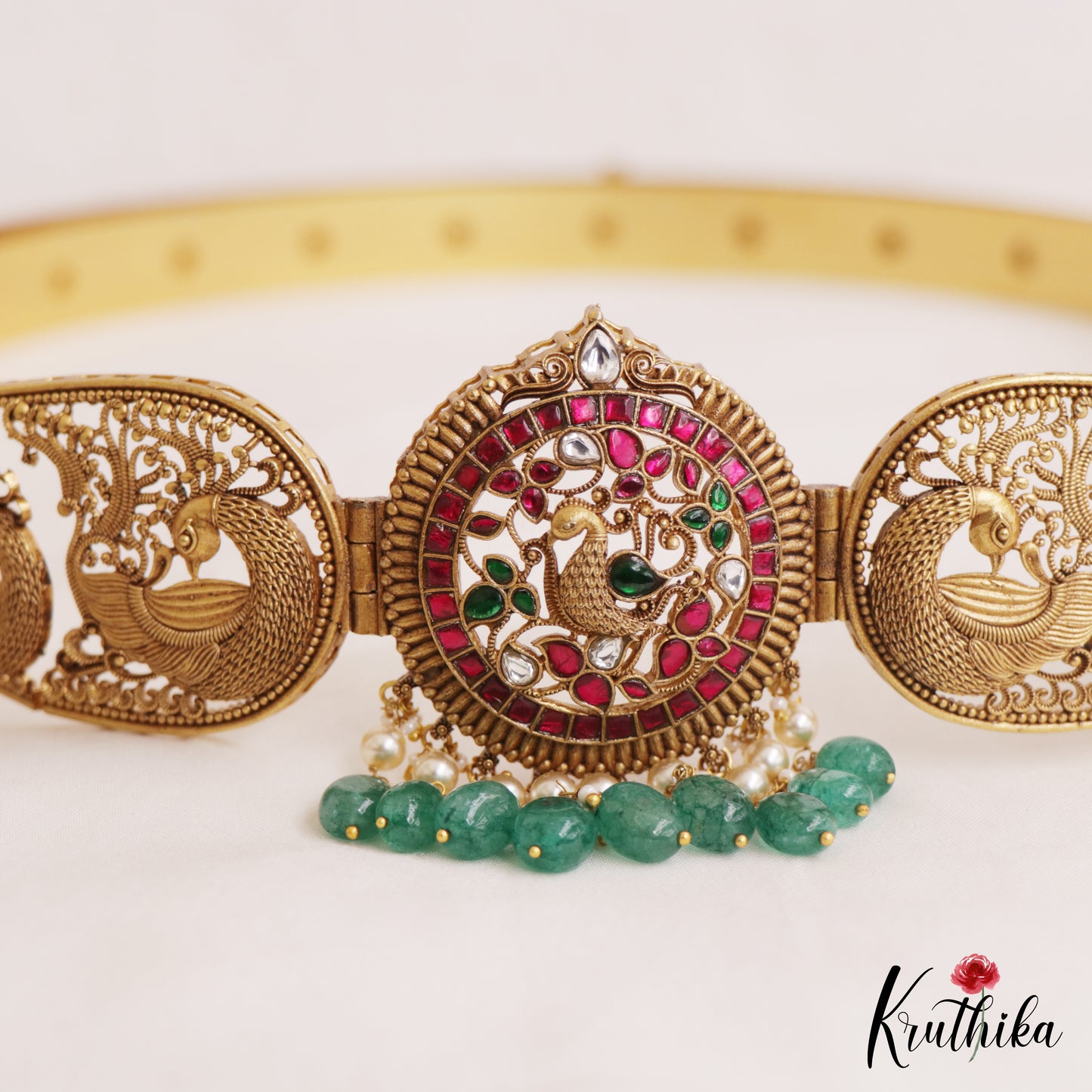 Premium Antique Nagas Peacock Motifs Jadau Hip Belt With Green Bead Drops V360