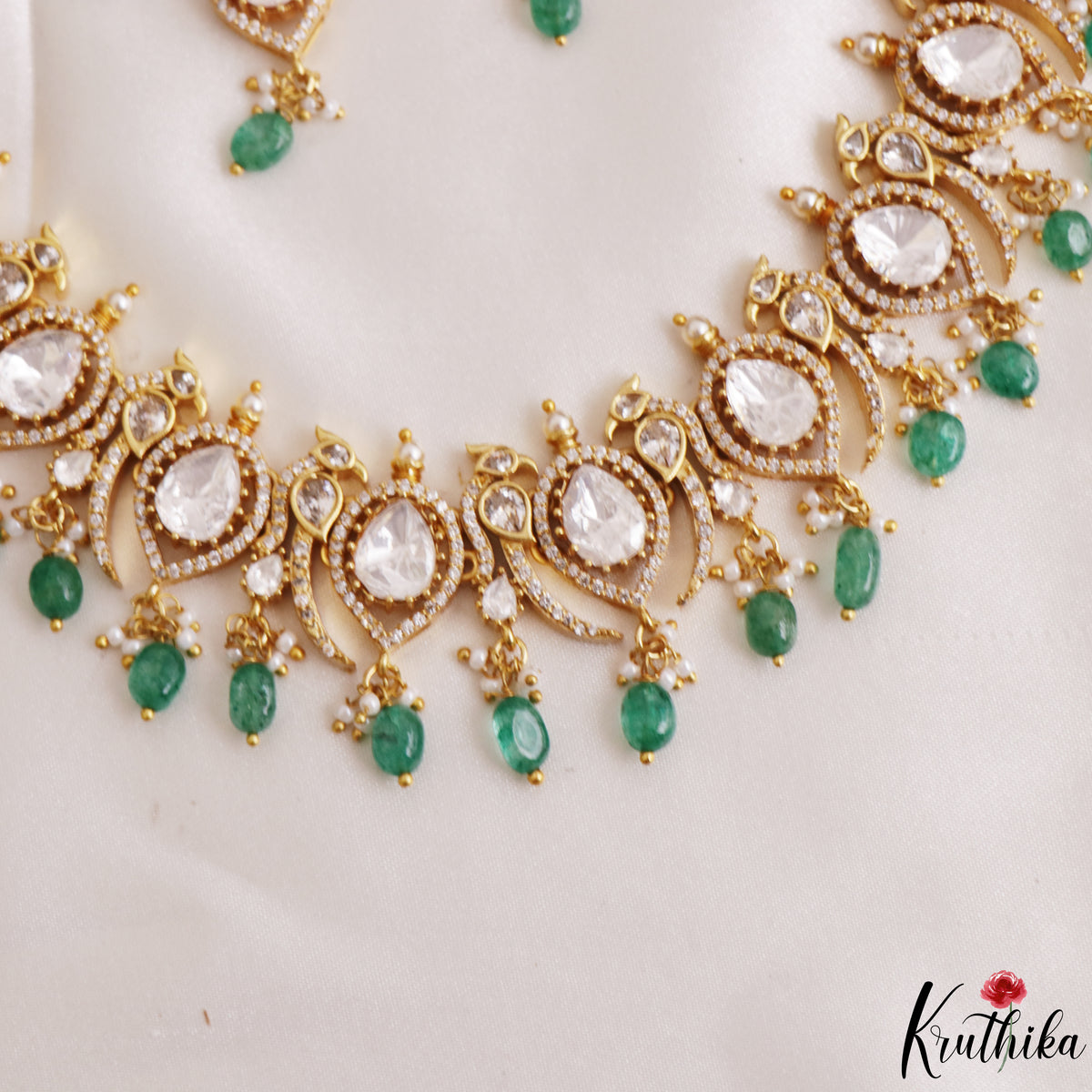 Premium Peacock Motifs Polki Victorian Choker With Green Bead Drops NC3018 (Available In 2 Colors)
