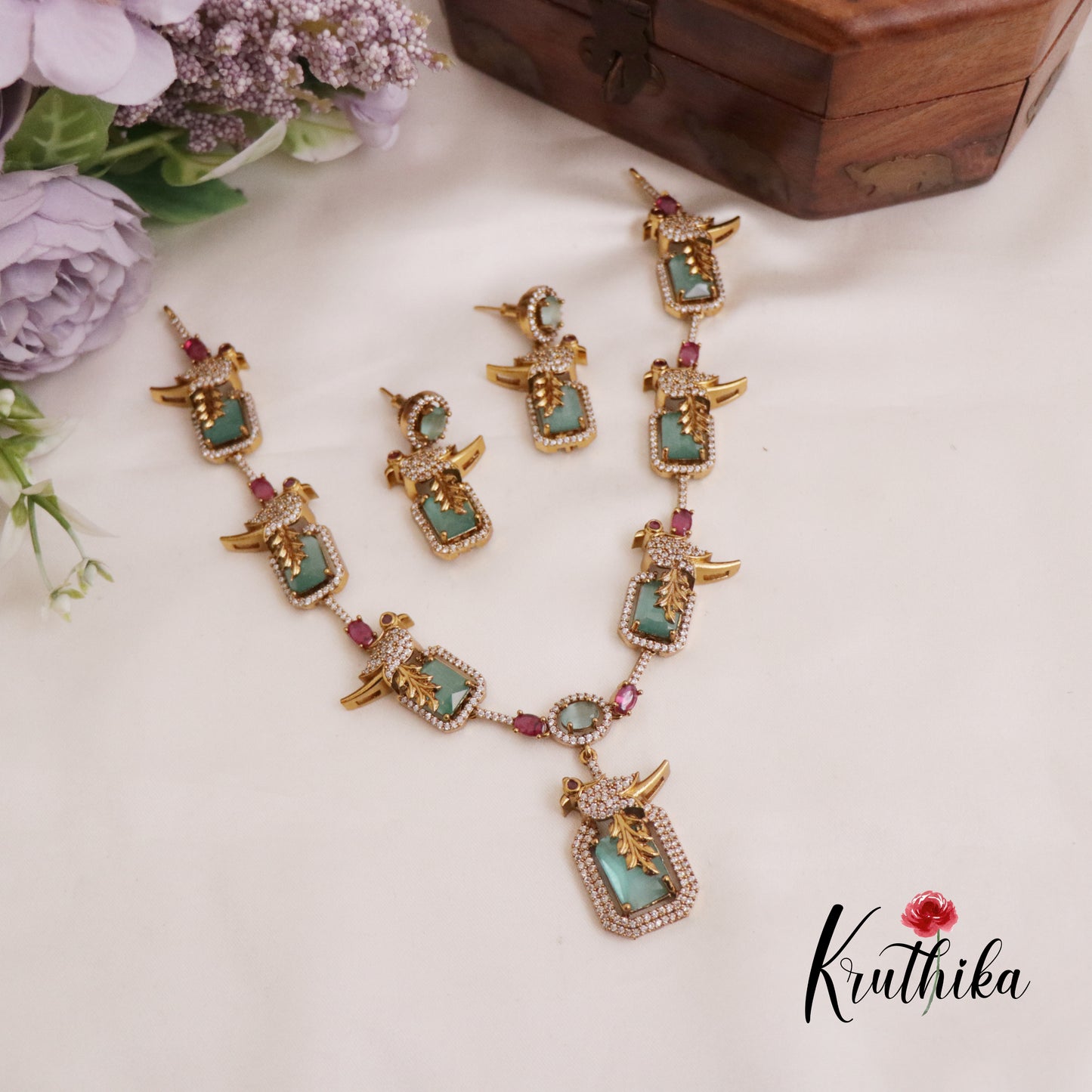 Beautiful AD Moissanite Parrot Necklace Sets NC2026 (Available in 3 Colours)