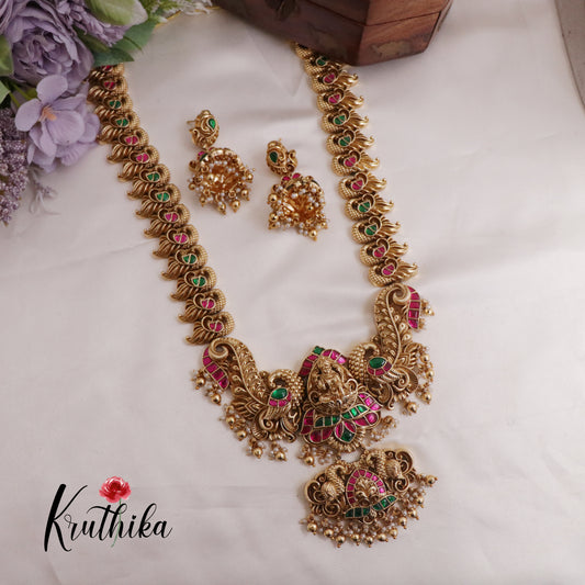 Elegant Jadau Lakshmi Peacock Haaram with Golden Beads Drops LH1977