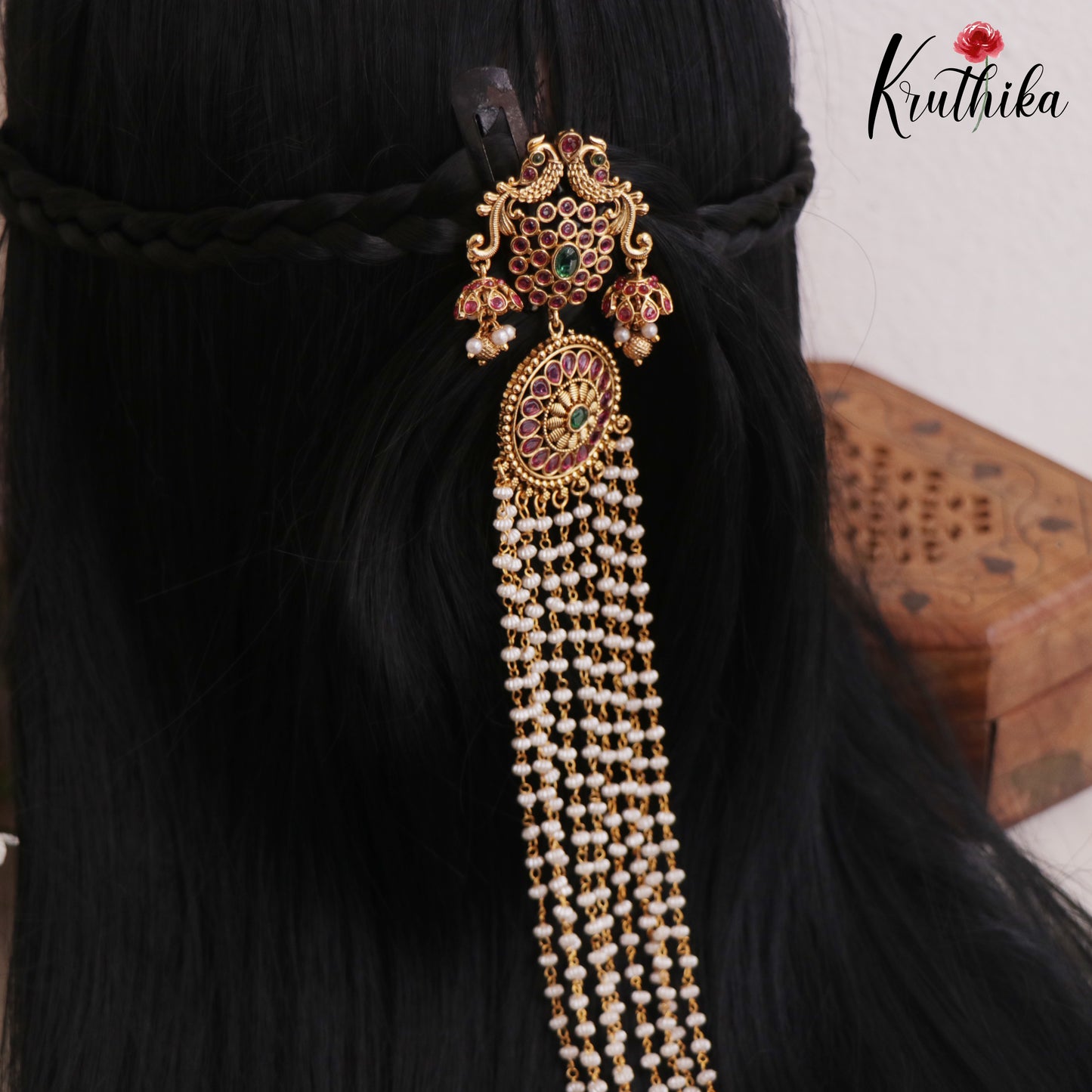 Gorgeous Peacock Floral Motifs Multi Pearl Strand Jada Billa With Golden Bead Drops J362