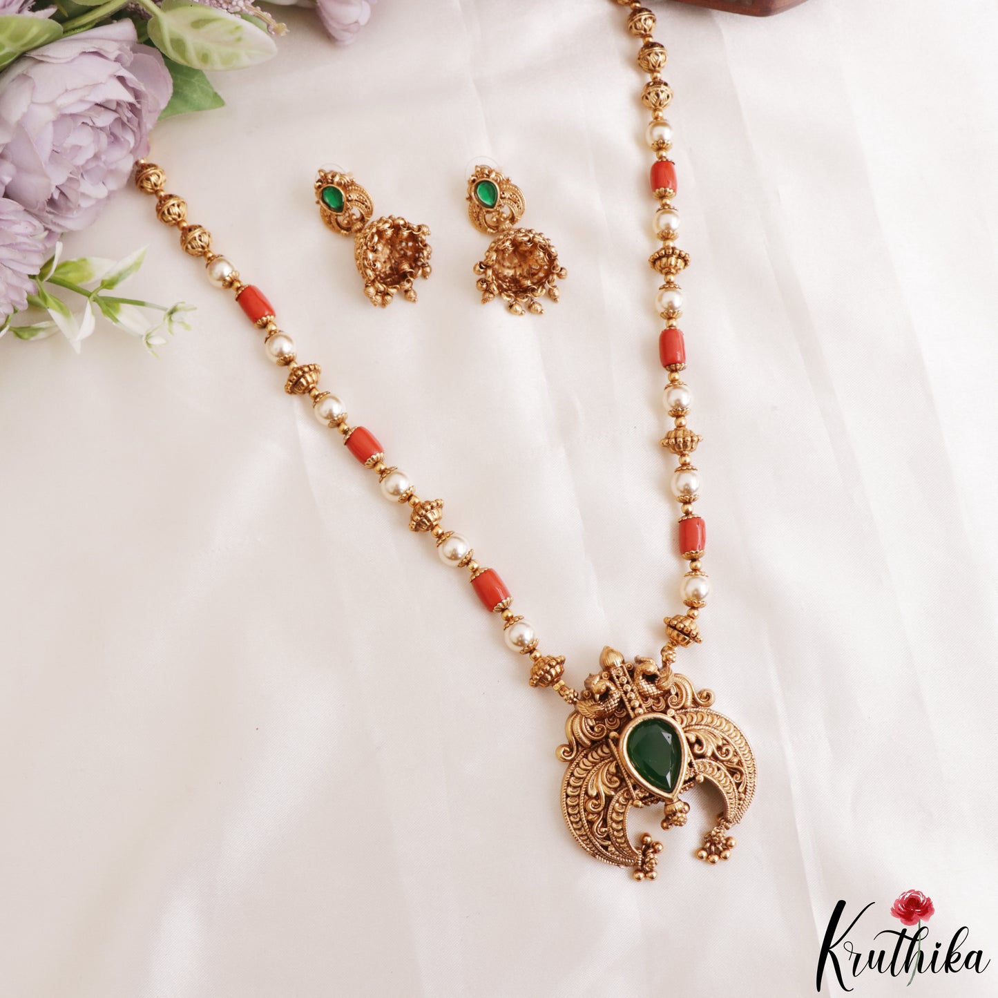 Trendy Antique Peacock Teardrop Motifs Coral Pearl Mala NC3231 (Available In 2 Colors)