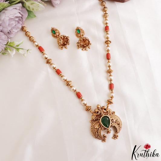 Trendy Antique Peacock Teardrop Motifs Coral Pearl Mala NC3231 (Available In 2 Colors)