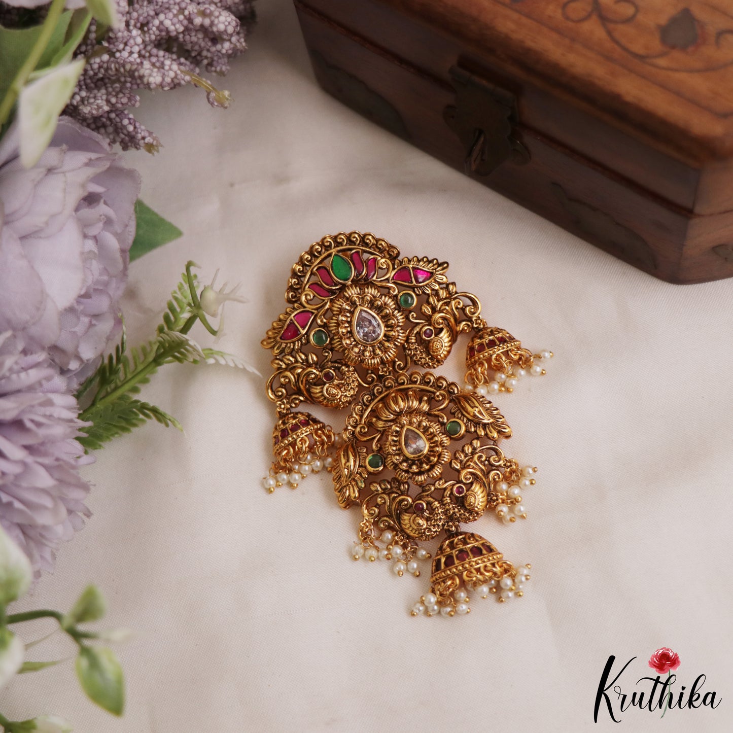 Stunning Antique Floral Peacock Jhumka Jadau Jada Billa With Pearl Drops J393