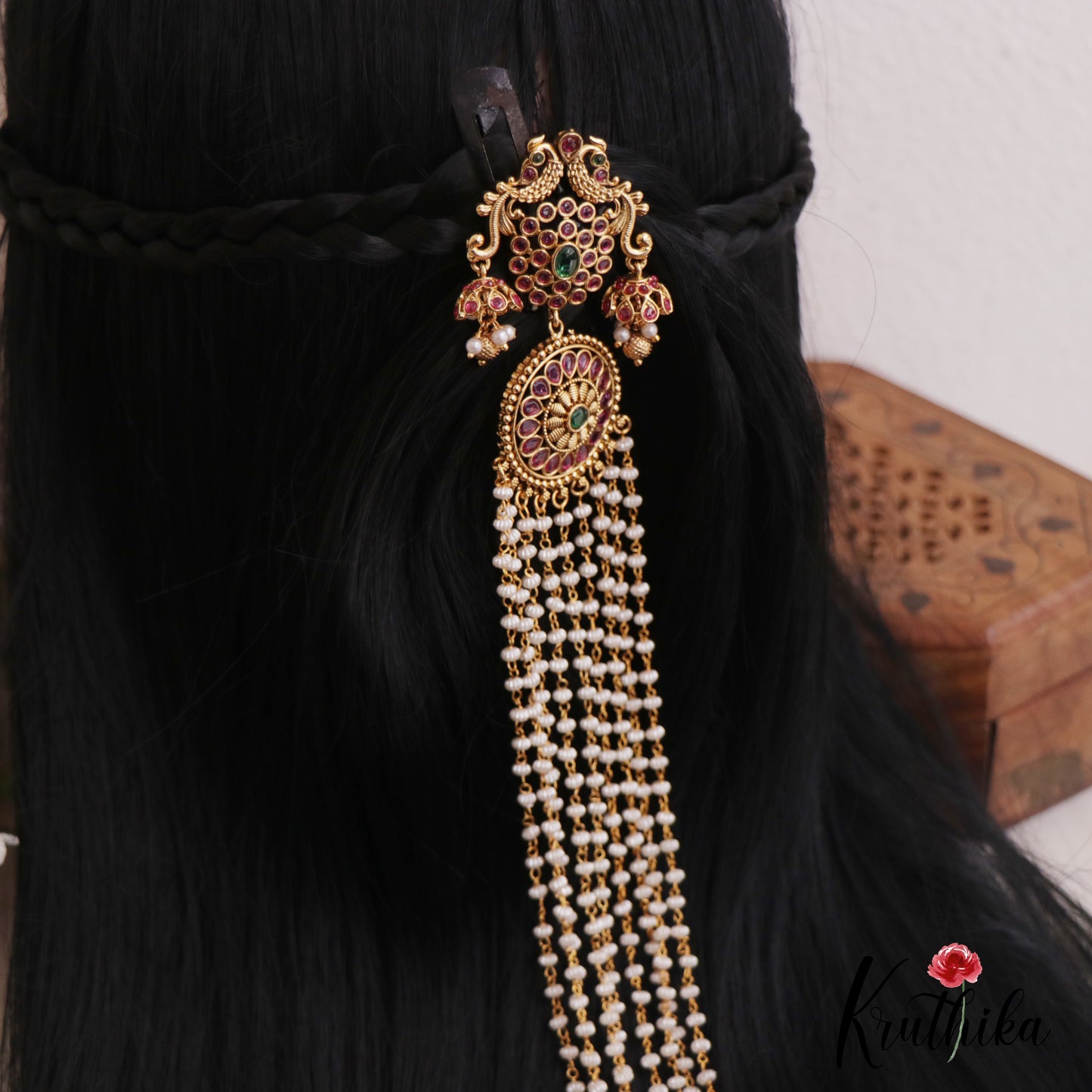Gorgeous Peacock Floral Motifs Multi Pearl Strand Jada Billa With Golden Bead Drops J362