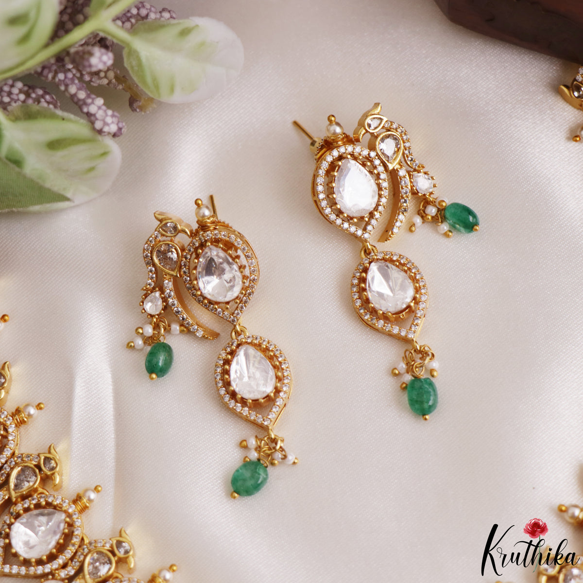 Premium Peacock Motifs Polki Victorian Choker With Green Bead Drops NC3018 (Available In 2 Colors)