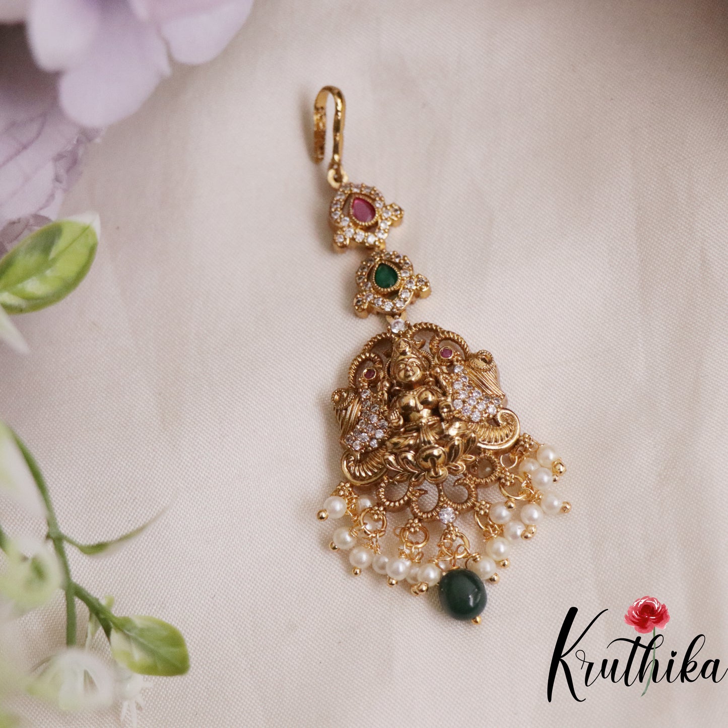 Beautiful CZ Lakshmi Peacock Maang Tikka with Pearl Drops MT271 (Available in 3 Colors)