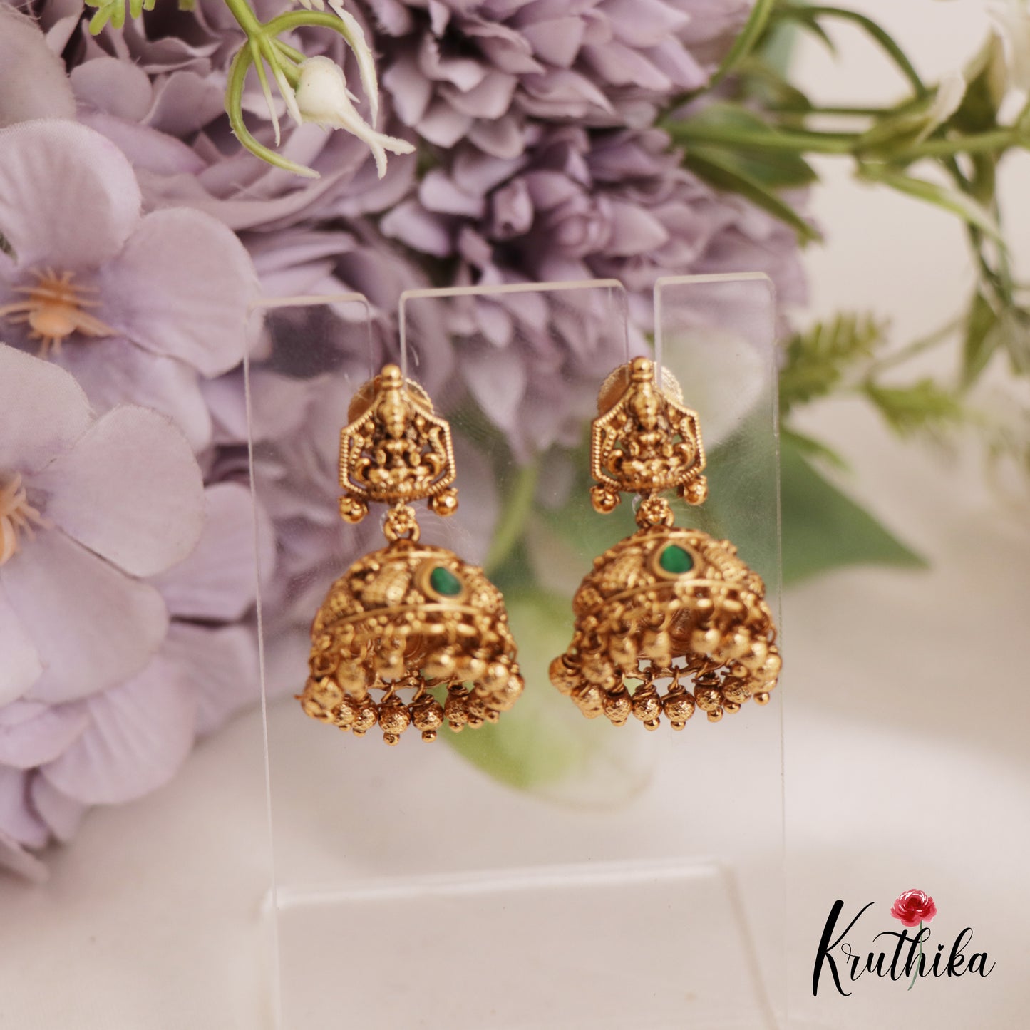 Traditional Antique Lakshmi Motifs Jhumka With Bead Drops E966 (Available In 4 Colors)
