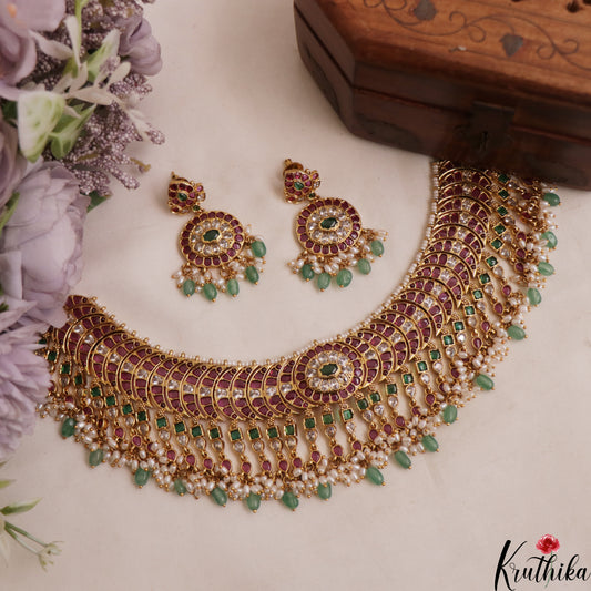 Premium Floral Geometric Motifs Jadau Choker With Green Bead Drops NC3022