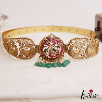 Premium Antique Nagas Peacock Motifs Jadau Hip Belt With Green Bead Drops V360 (Available In 2 Colors)
