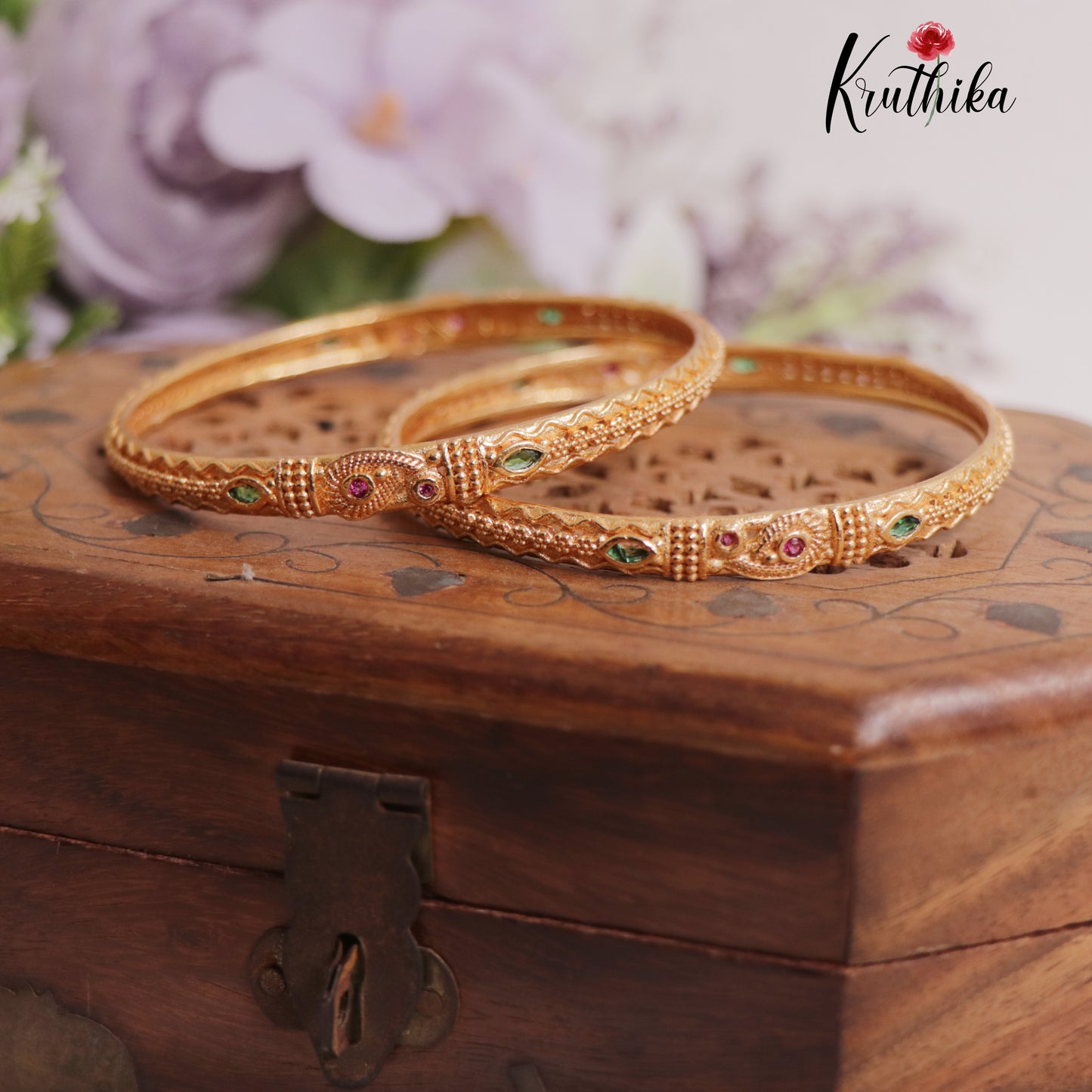 Micro-Plated Antique Gold Daily Wear Peacock Bangles B324