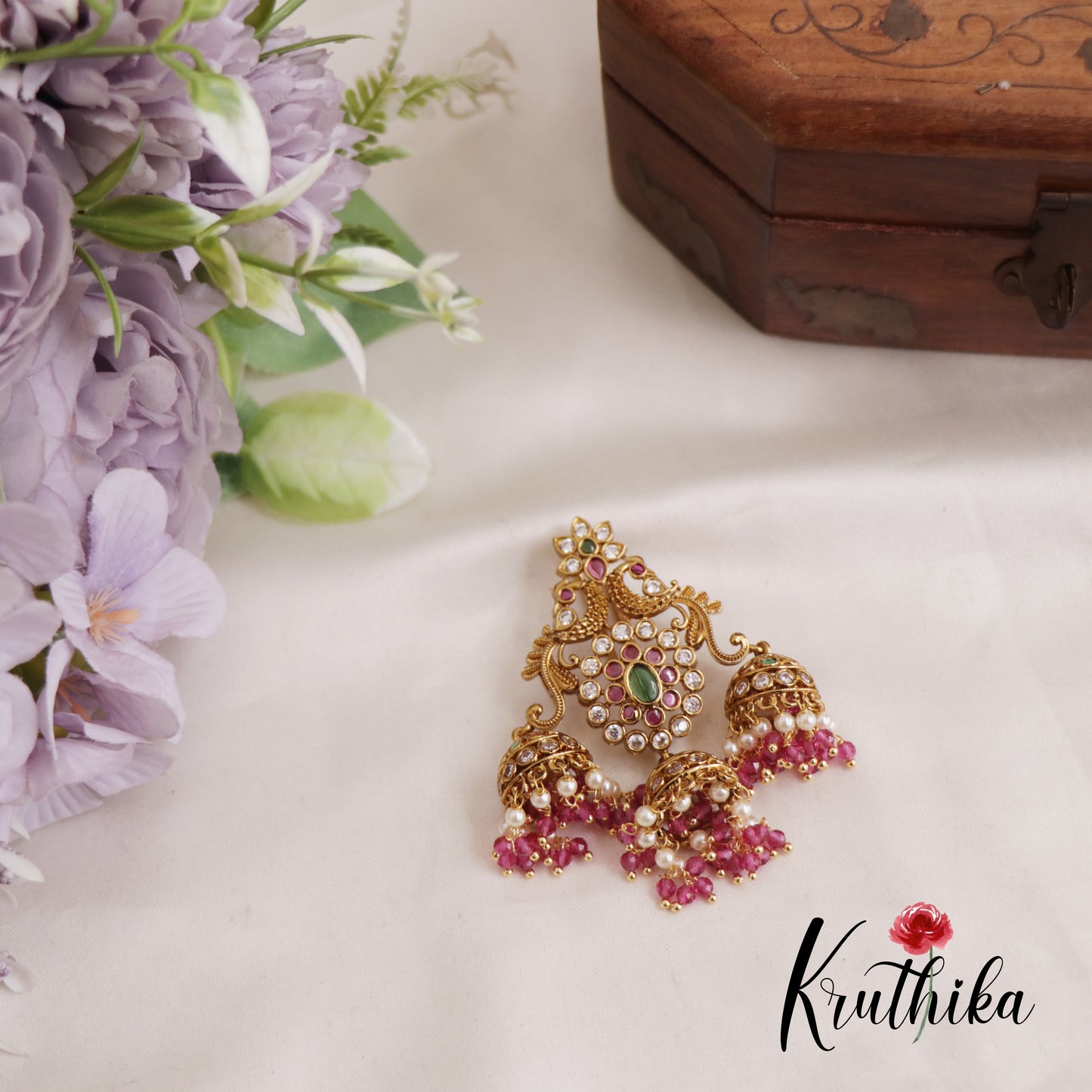 Gorgeous Floral Peacock Motis Jhumka Jada Billa With Pearl And Bead Drops J290 (Available In 2 Colors)