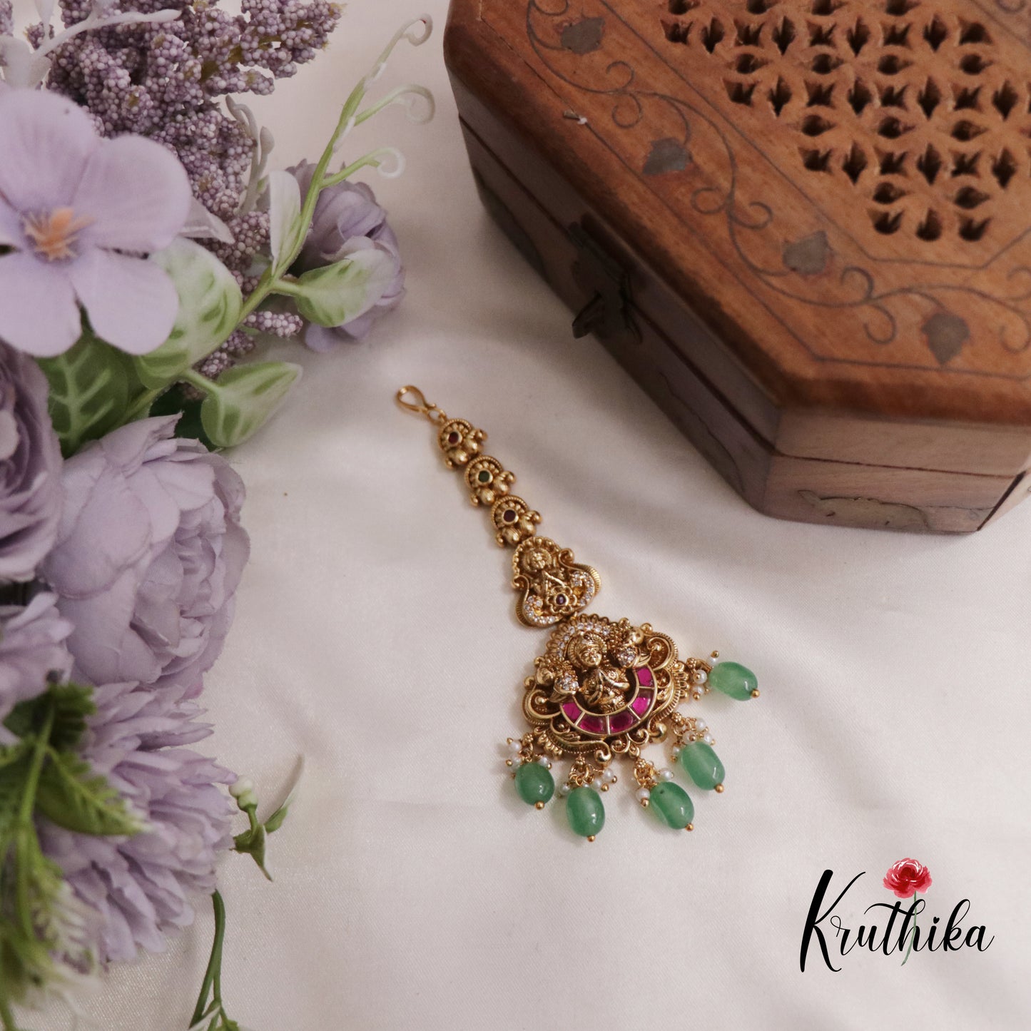 Stunning Jadau Antique Lakshmi Maang Tikka With Pearl Drops MT294 (Available In 2 Colours)